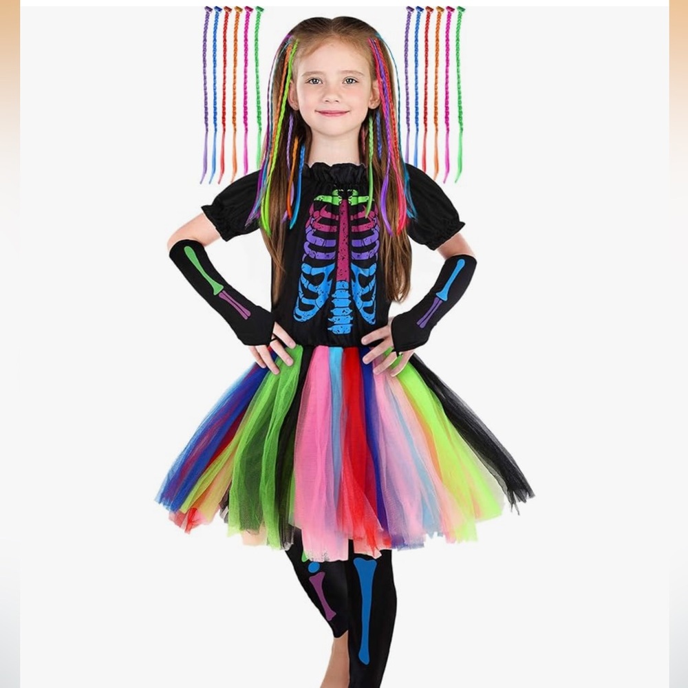 Girls Rainbow Skeleton Tutu Costume With 12 Hair Extentions Size Medium